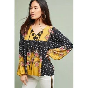 Farm Rio Anthropologie Intarsia Top Boho Patchwork Peasant Balloon Sleeve M B44
